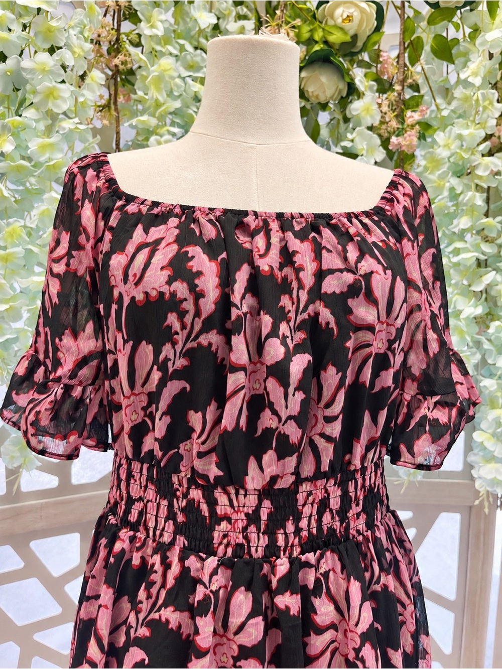 Floral Off-Shoulder Midi Dress in Black and Dusty Pink